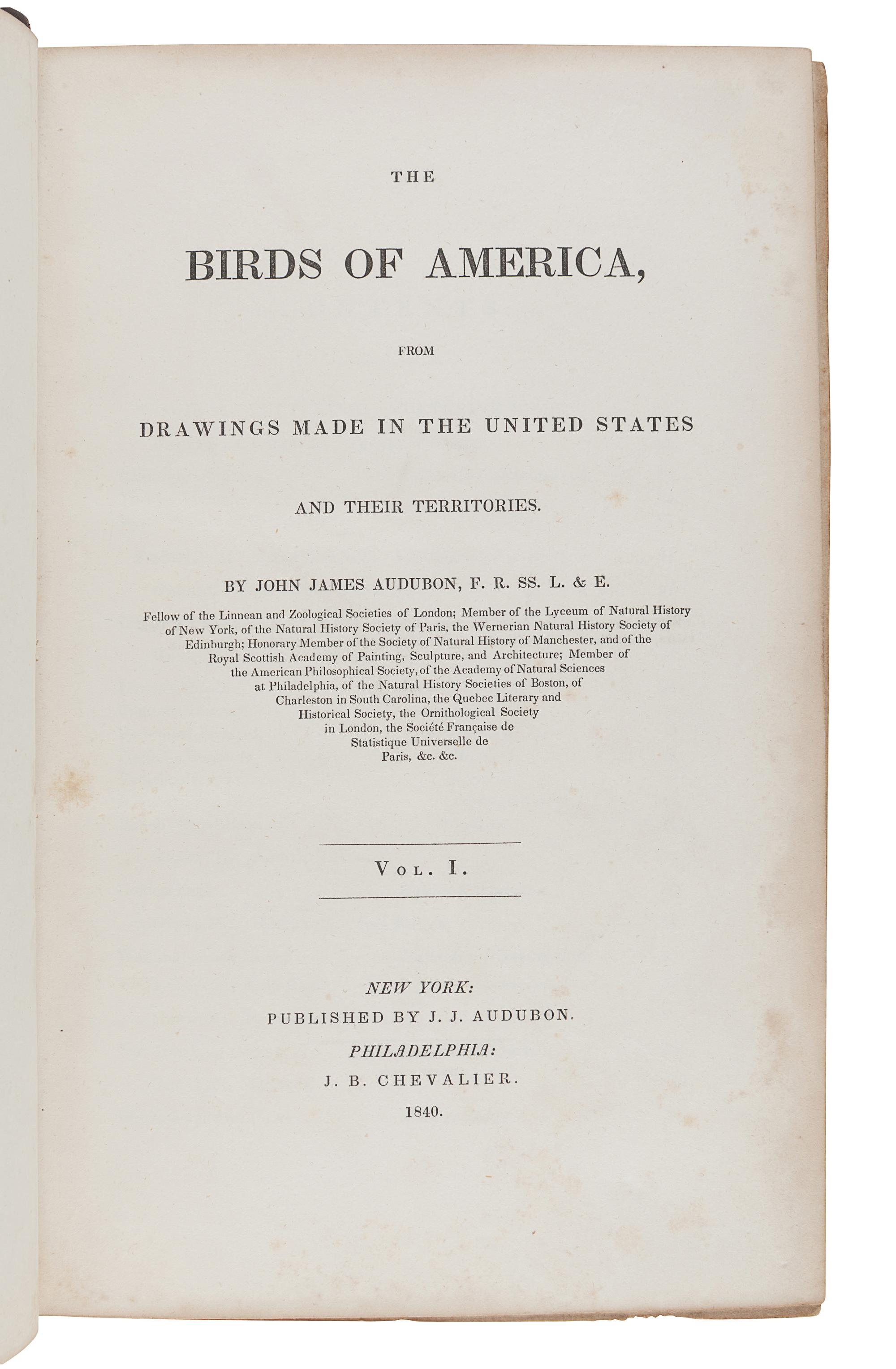 AUDUBON, John James (1785-1851). The Birds of America, from Drawings Made in the United States and their Territories . New York: J.J. Audubon; Philadelphia: J.B. Chevalier, [1839-] 1840-1844.