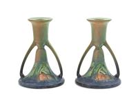 A Pair of Roseville Baneda Pottery Candlesticks Height 5 1/4 inches.