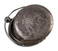 Corporal William L. Miller, Company G, 7th Indiana Volunteers. Bullet-struck pocket watch carried at the Battle of the Wilderness, which saved his life, with original bullet that almost ended it. May 1864.