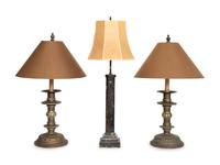 A Pair of Copper Prickets Mounted as Lamps and Associated Black Marble Lamp