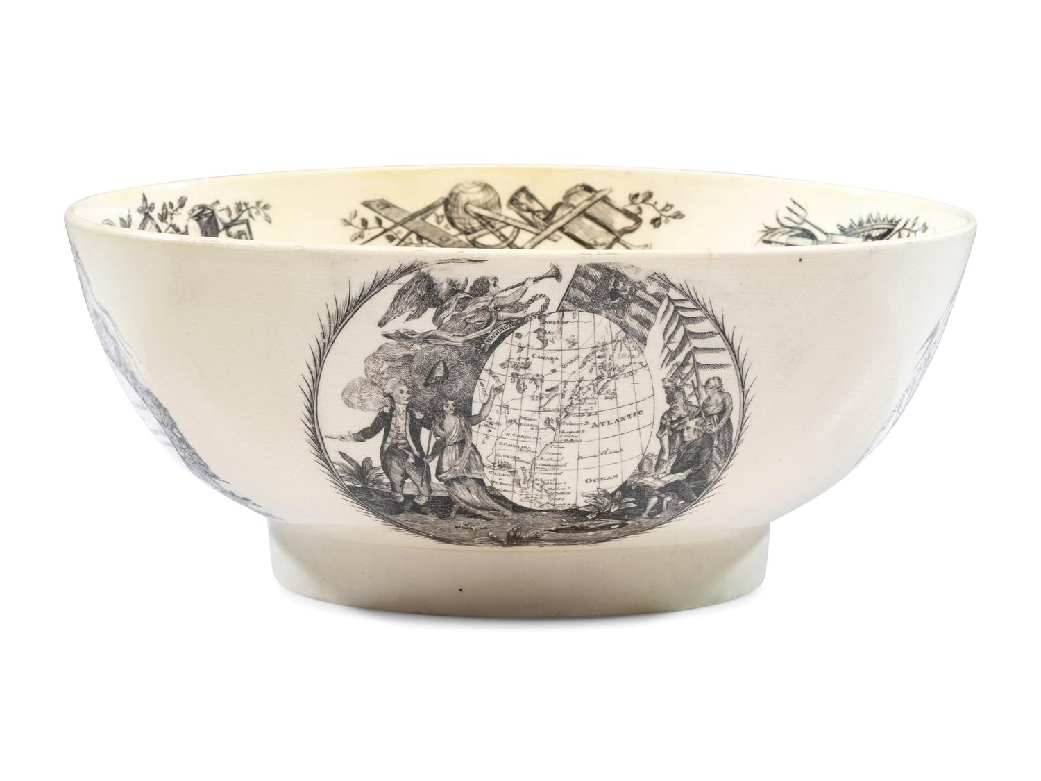 A Liverpool Transfer-Printed Creamware 'John Adams' Punch Bowl