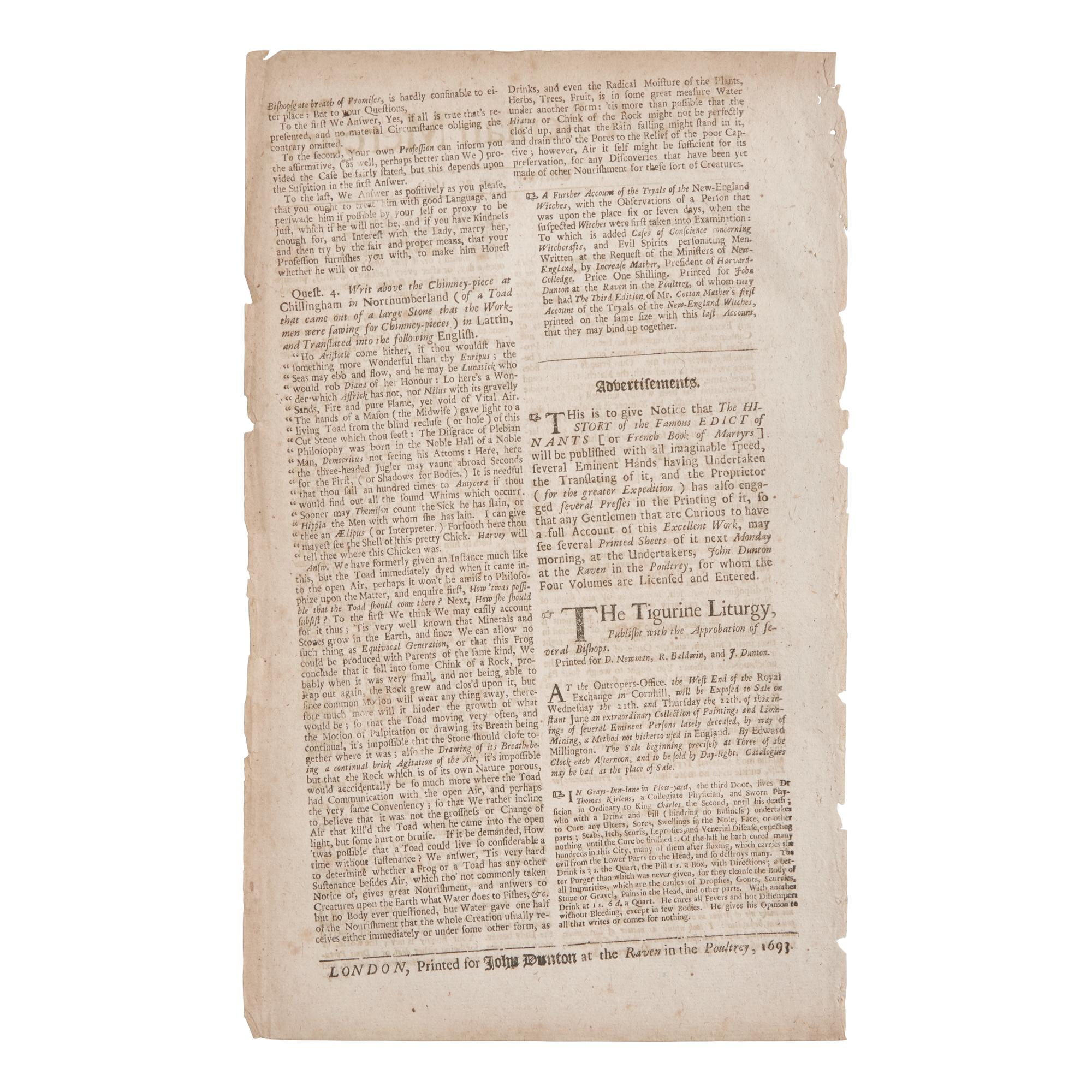 [Salem Witch Trials] Printed Ad for Increase Mather's "Tryals of the New-England Witches", in The Athenian Mercury