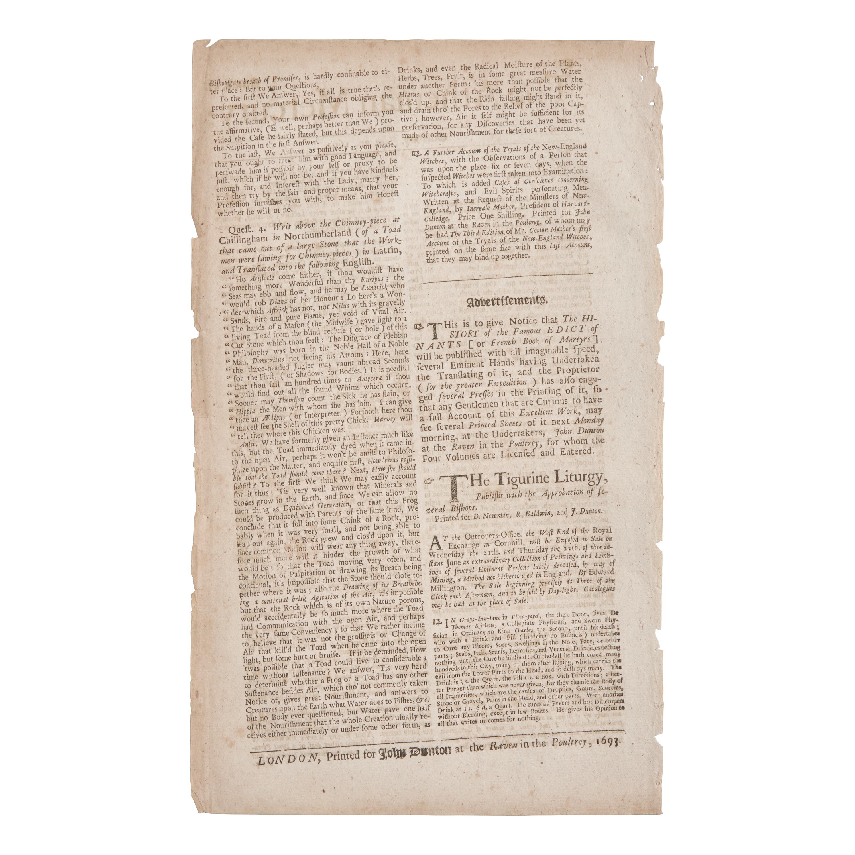 [Salem Witch Trials] Printed Ad for Increase Mather's "Tryals of the New-England Witches", in The Athenian Mercury