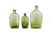 Three Molded Glass Olive Green Pike's Peak Flasks