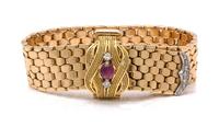 A Retro Platinum, Gold, Ruby and Diamond Belt Bracelet, 38.60 dwts.