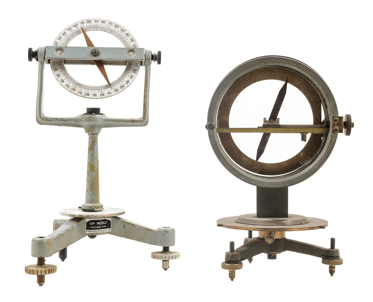 Two Tripod Compasses Height of first 10 3/8 inches.