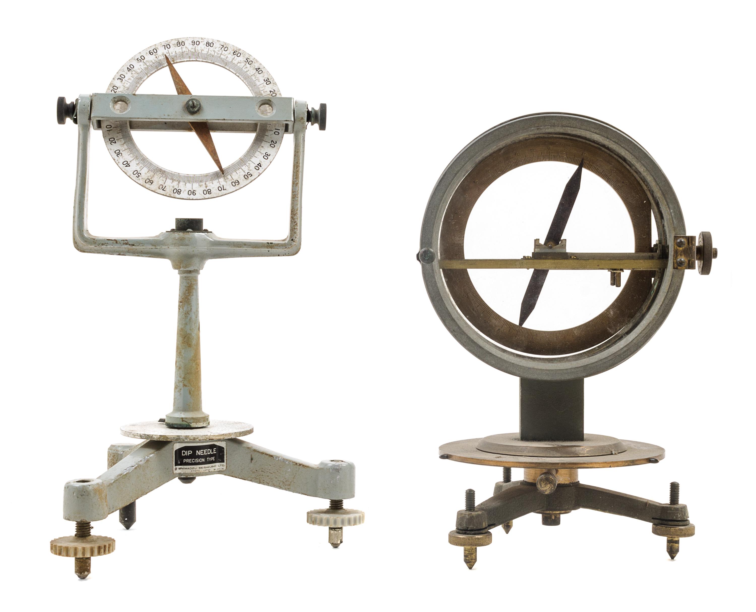 Two Tripod Compasses Height of first 10 3/8 inches.
