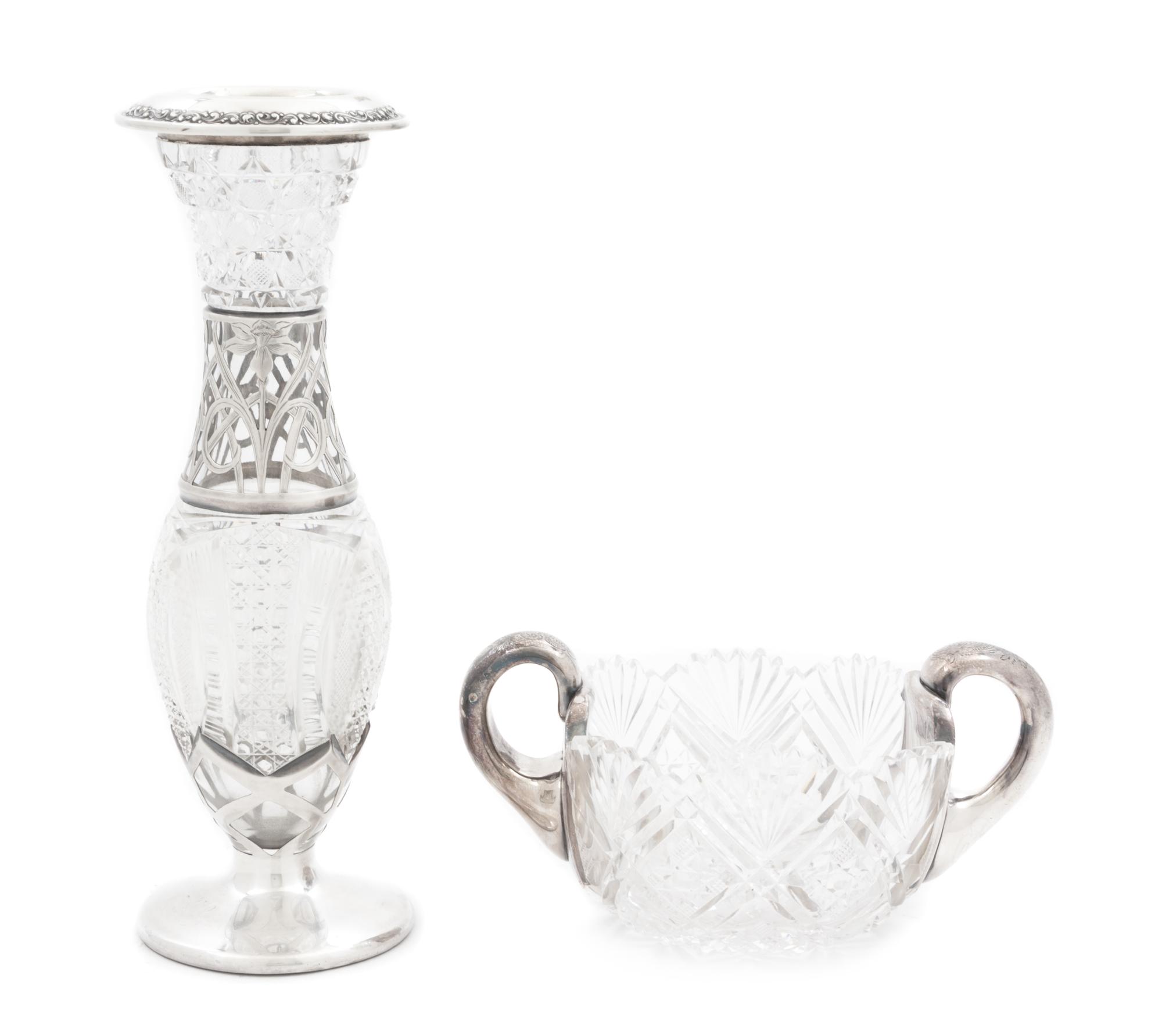 Two Silver Overlay Cut Glass Articles Height of tallest 10 inches.