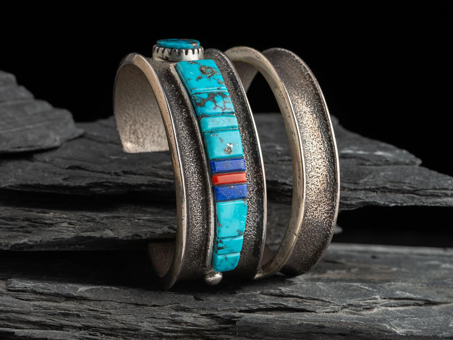 Tufa Cast Silver Cuff Bracelet, with Abstract Figural Inlay