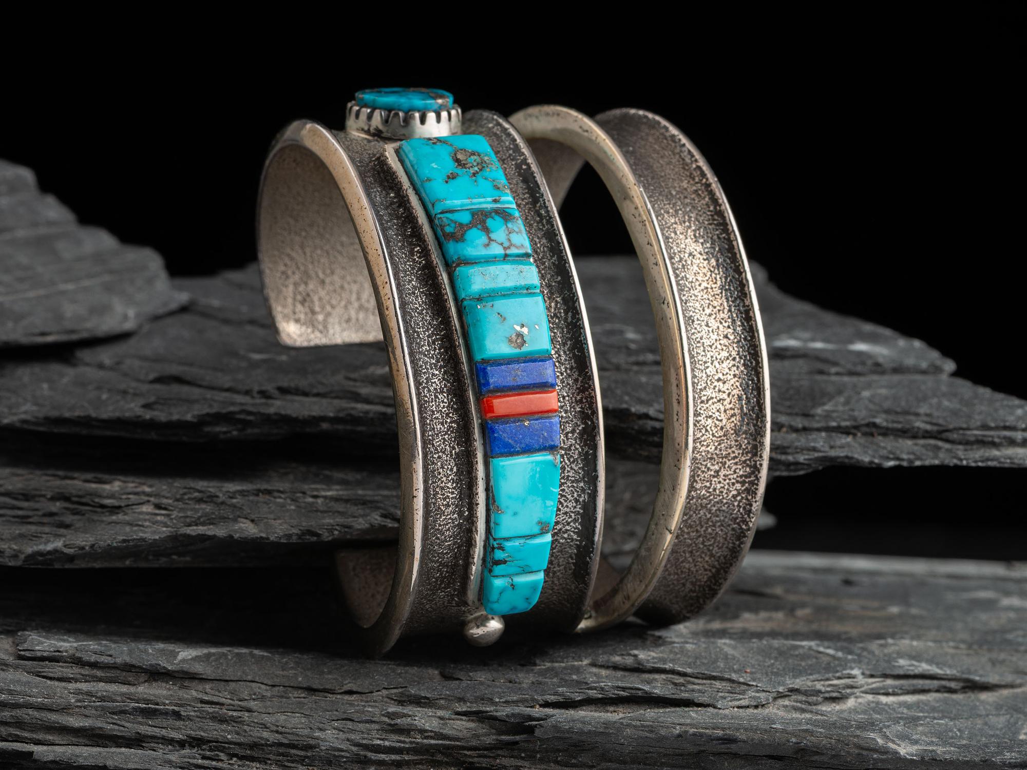 Tufa Cast Silver Cuff Bracelet, with Abstract Figural Inlay