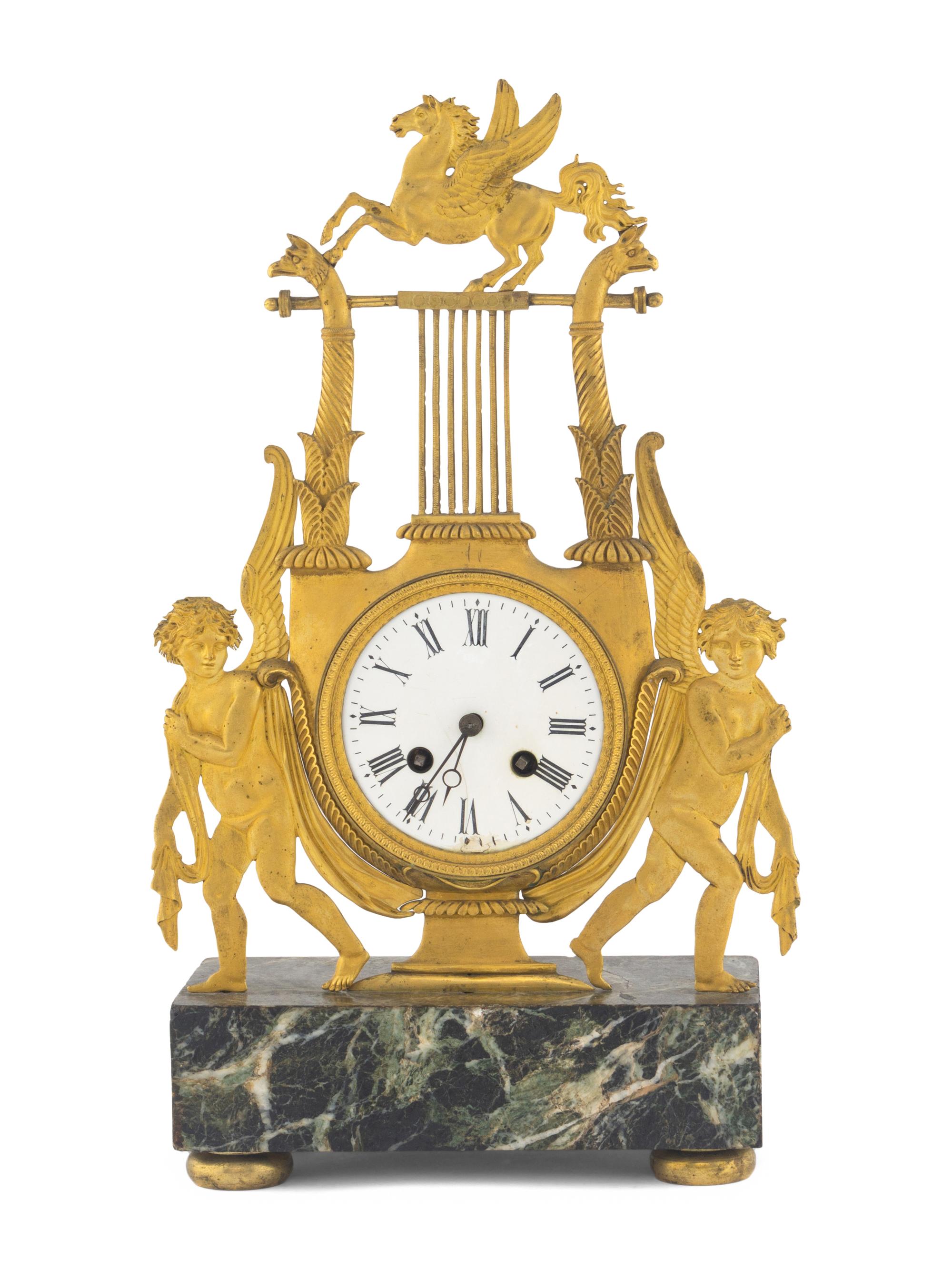 An Empire Style Gilt Bronze Lyre Form Clock