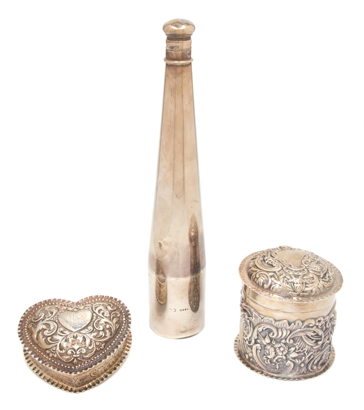 Three Victorian Silver Articles, , comprising: a box and cover, JB London, 1884 a box and cover, William Comyns, London 1895 a conical