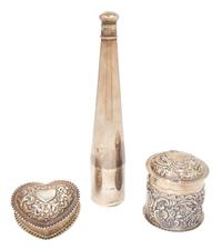 Three Victorian Silver Articles, , comprising: a box and cover, JB London, 1884 a box and cover, William Comyns, London 1895 a conical