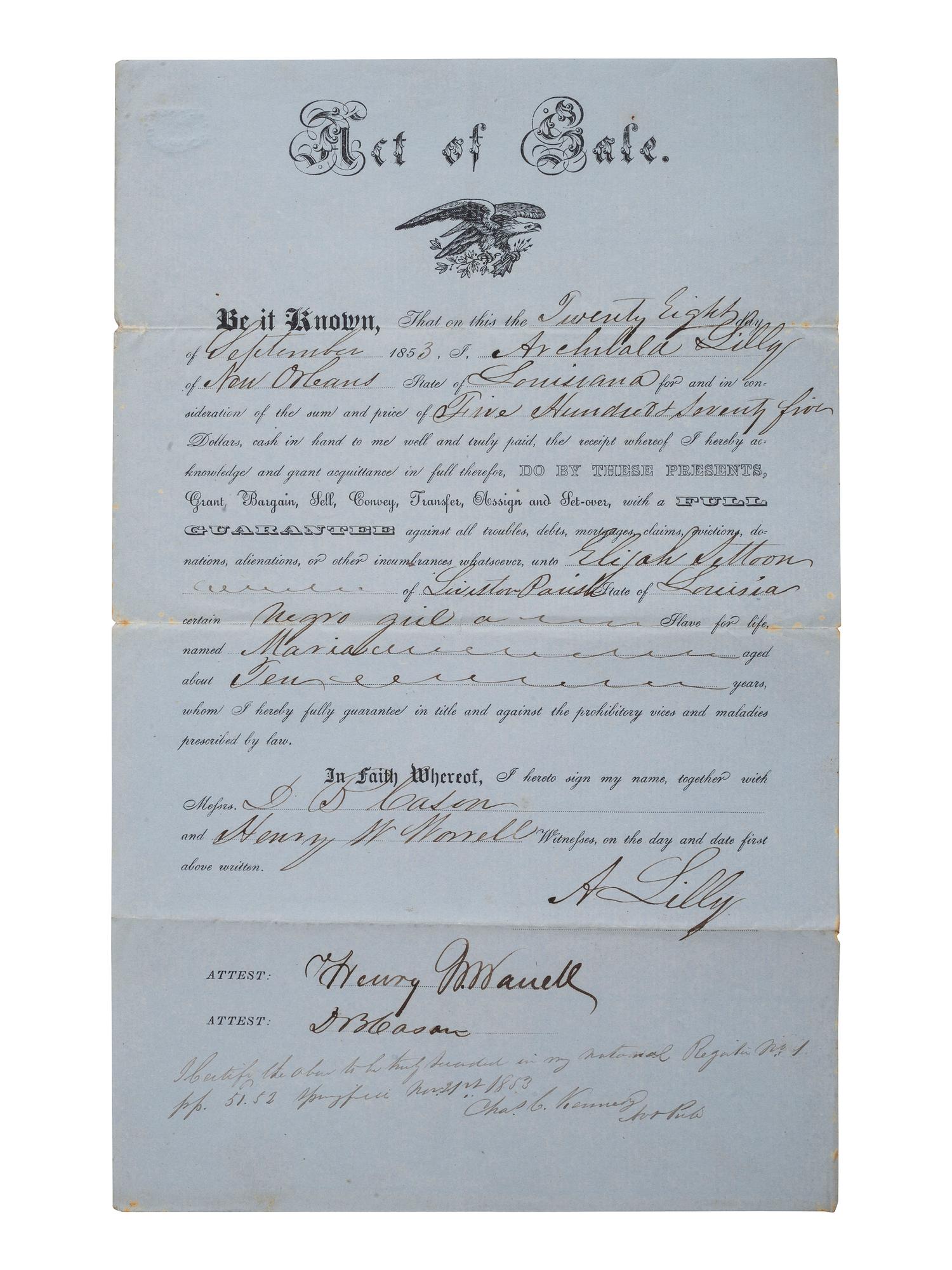 [SLAVERY & ABOLITION]. Partly printed bill of sale for enslaved girl Maria, age 10. New Orleans, LA, 28 September 1853.