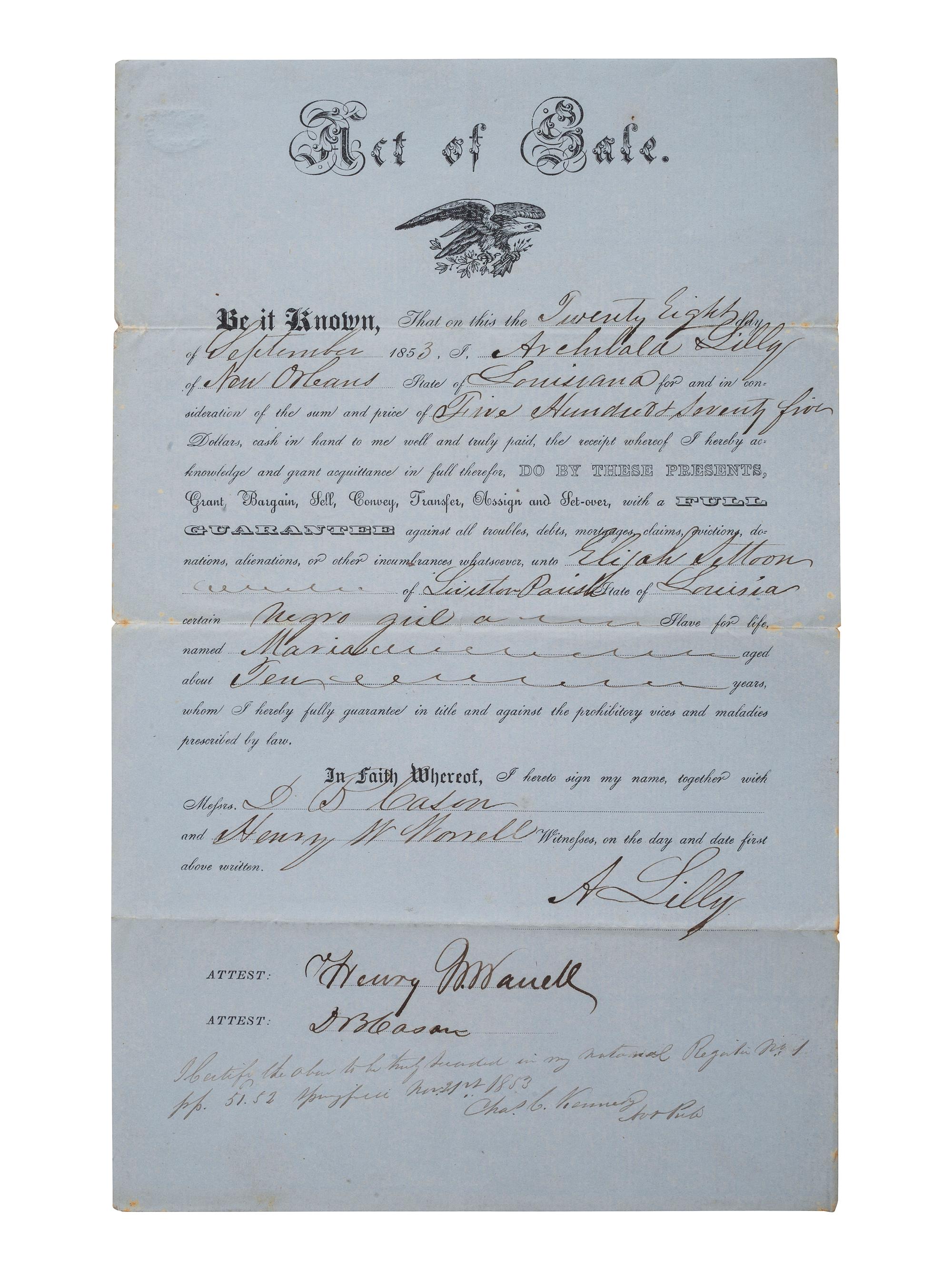 [SLAVERY & ABOLITION]. Partly printed bill of sale for enslaved girl Maria, age 10. New Orleans, LA, 28 September 1853.