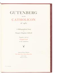 [LEAF BOOK - GUTENBERG]. Gutenberg and the Catholicon of 1460. A bibliographical essay by Margaret Bingham Stillwell. Together with an original leaf of the Catholicon. New York: Edmond B. Hackett for The Brick Row Book Shop, 1936.