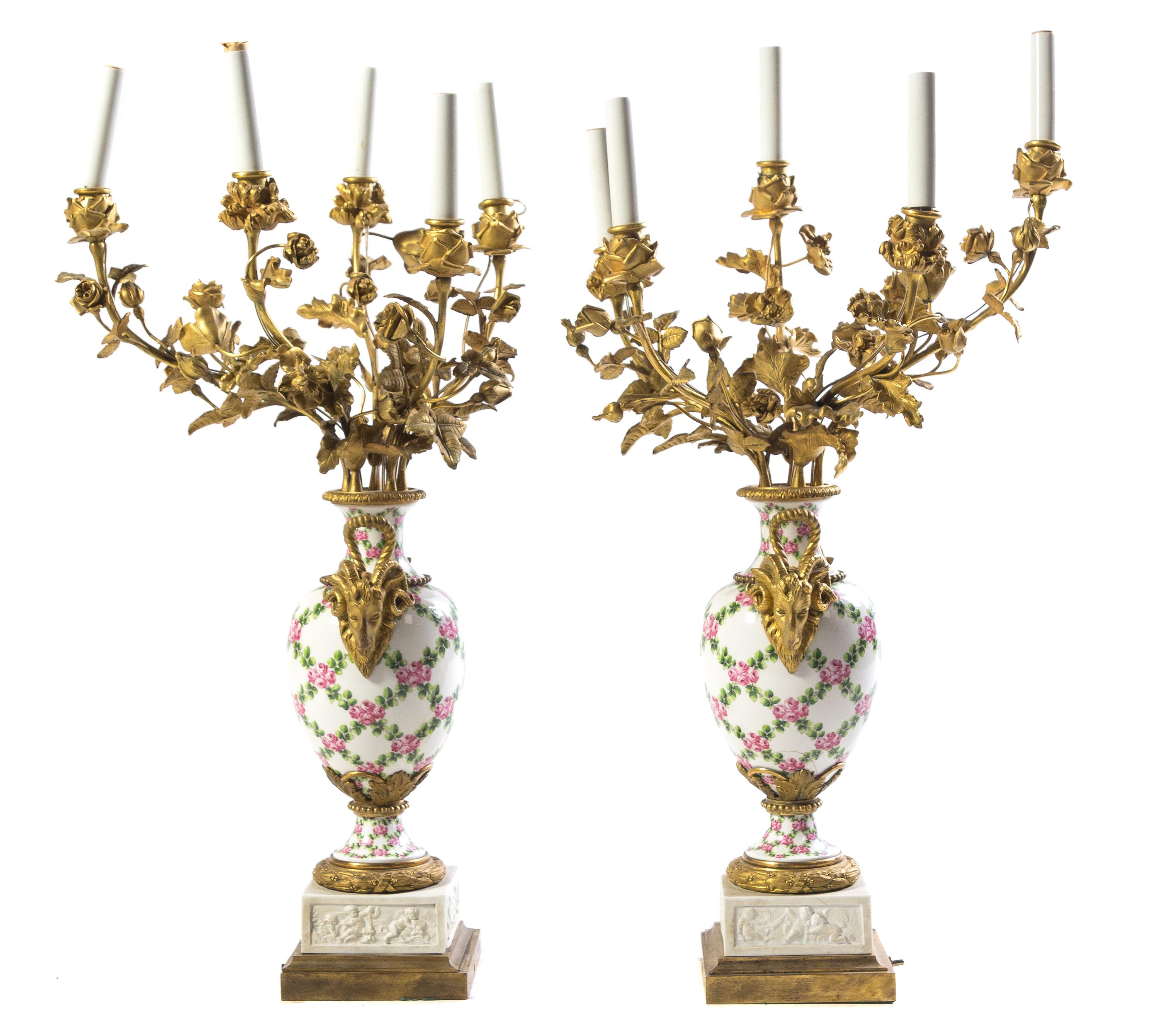 A Pair of Gilt Bronze Mounted Sevres Porcelain Candelabra Height 28 1/2 inches. — 19TH CENTURY