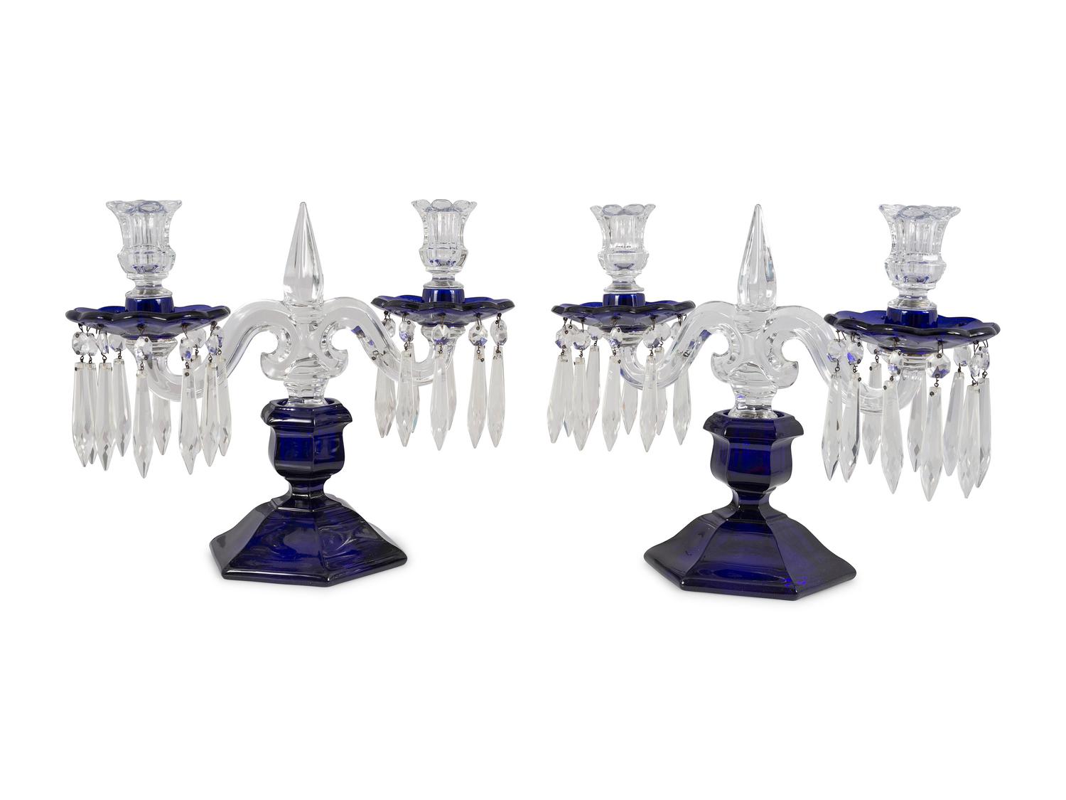 A Pair of Cobalt and Clear Molded Glass Two-Light Candelabra