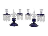 A Pair of Cobalt and Clear Molded Glass Two-Light Candelabra