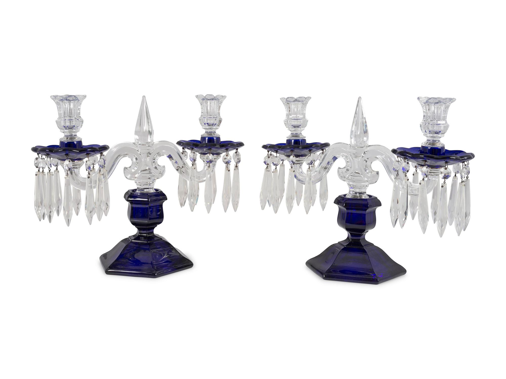 A Pair of Cobalt and Clear Molded Glass Two-Light Candelabra