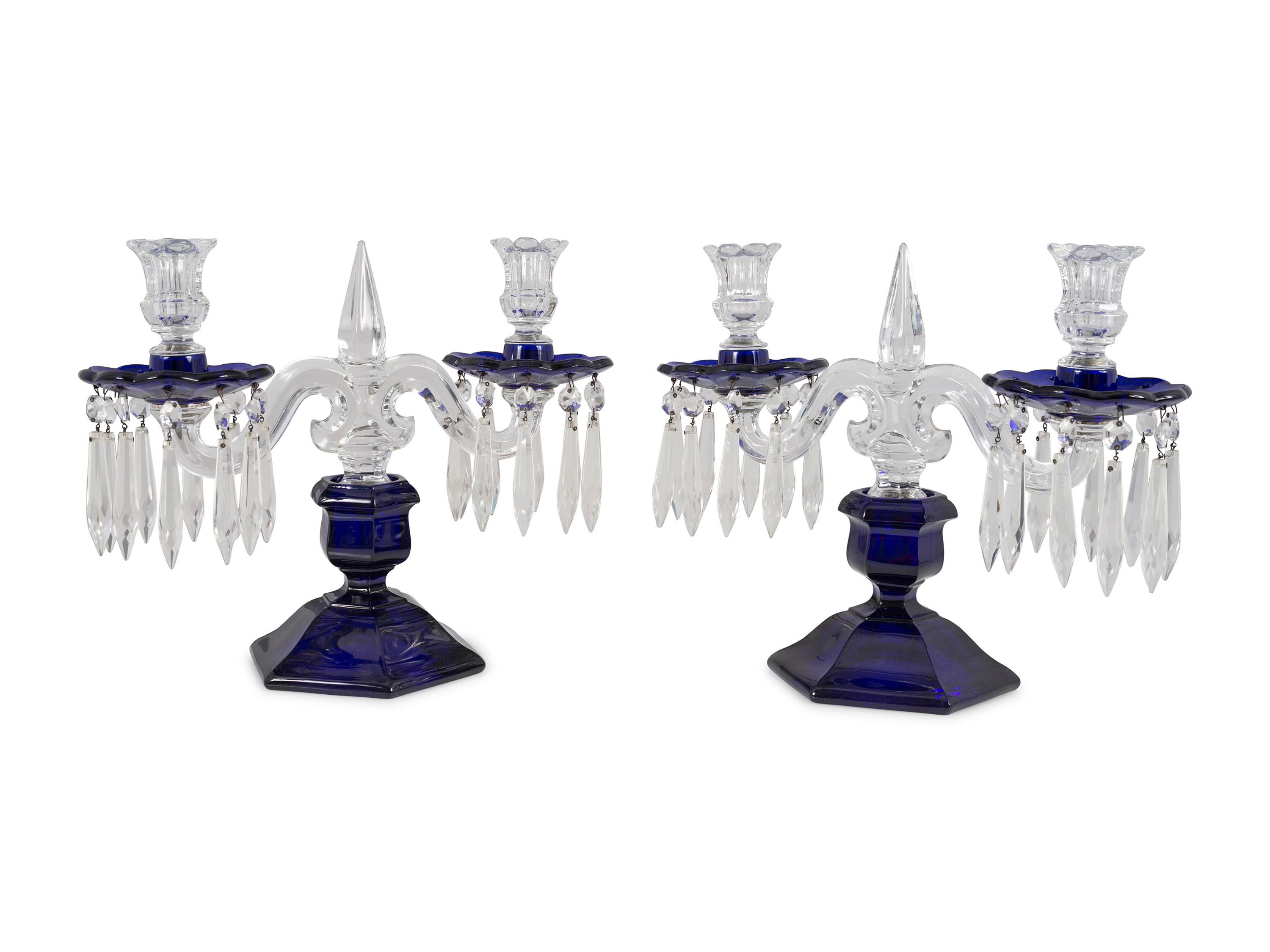 A Pair of Cobalt and Clear Molded Glass Two-Light Candelabra