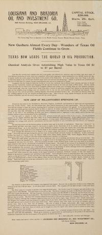 [TEXAS -- ADVERTISEMENT]. Louisiana and Brazoria Oil and Investment Co. New Orleans, LA. New Orleans, LA: N.p., ca 1902.