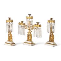 A "Leatherstocking Tales" Three-Piece Cast Brass, Marble, and Brass Girandole Garniture