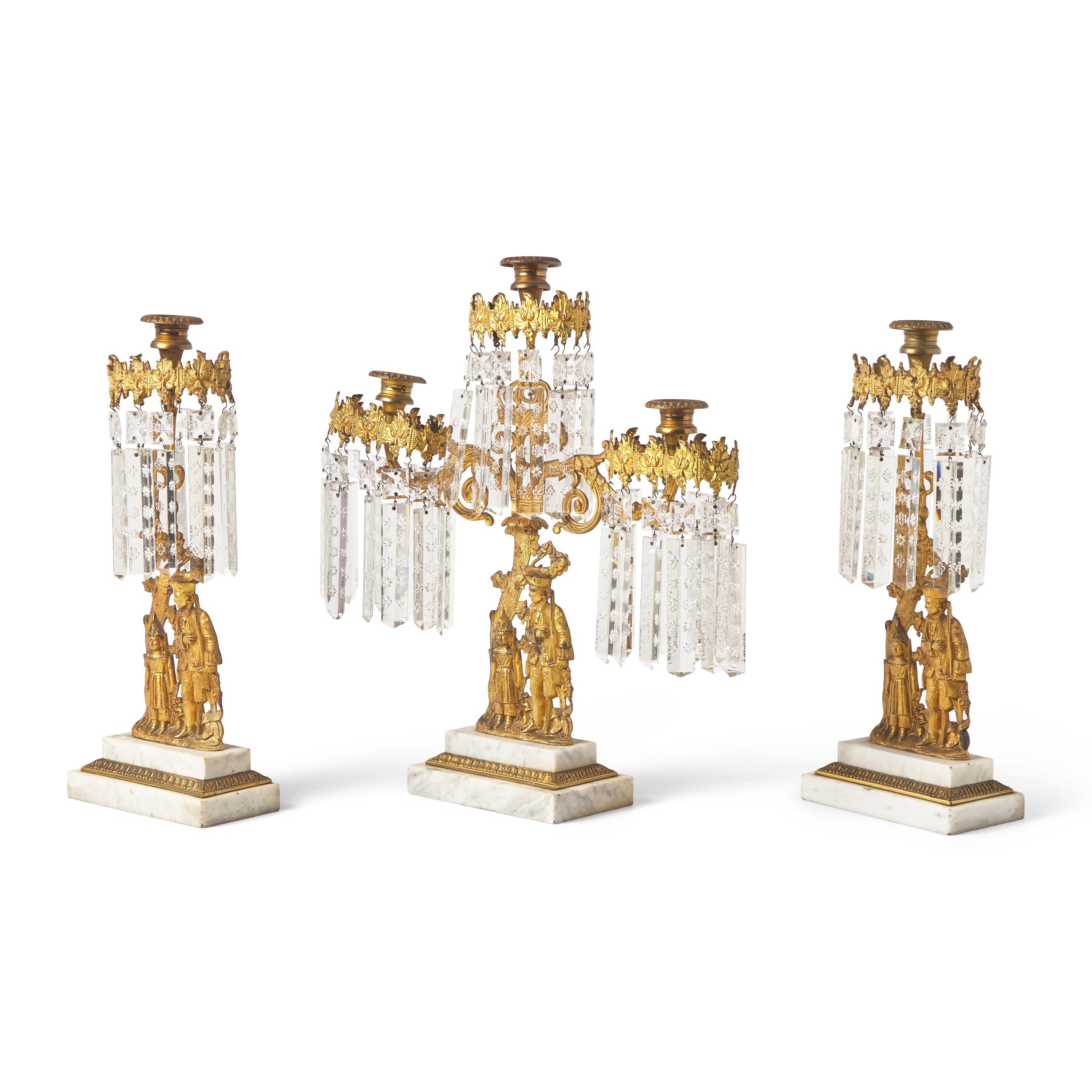 A "Leatherstocking Tales" Three-Piece Cast Brass, Marble, and Brass Girandole Garniture