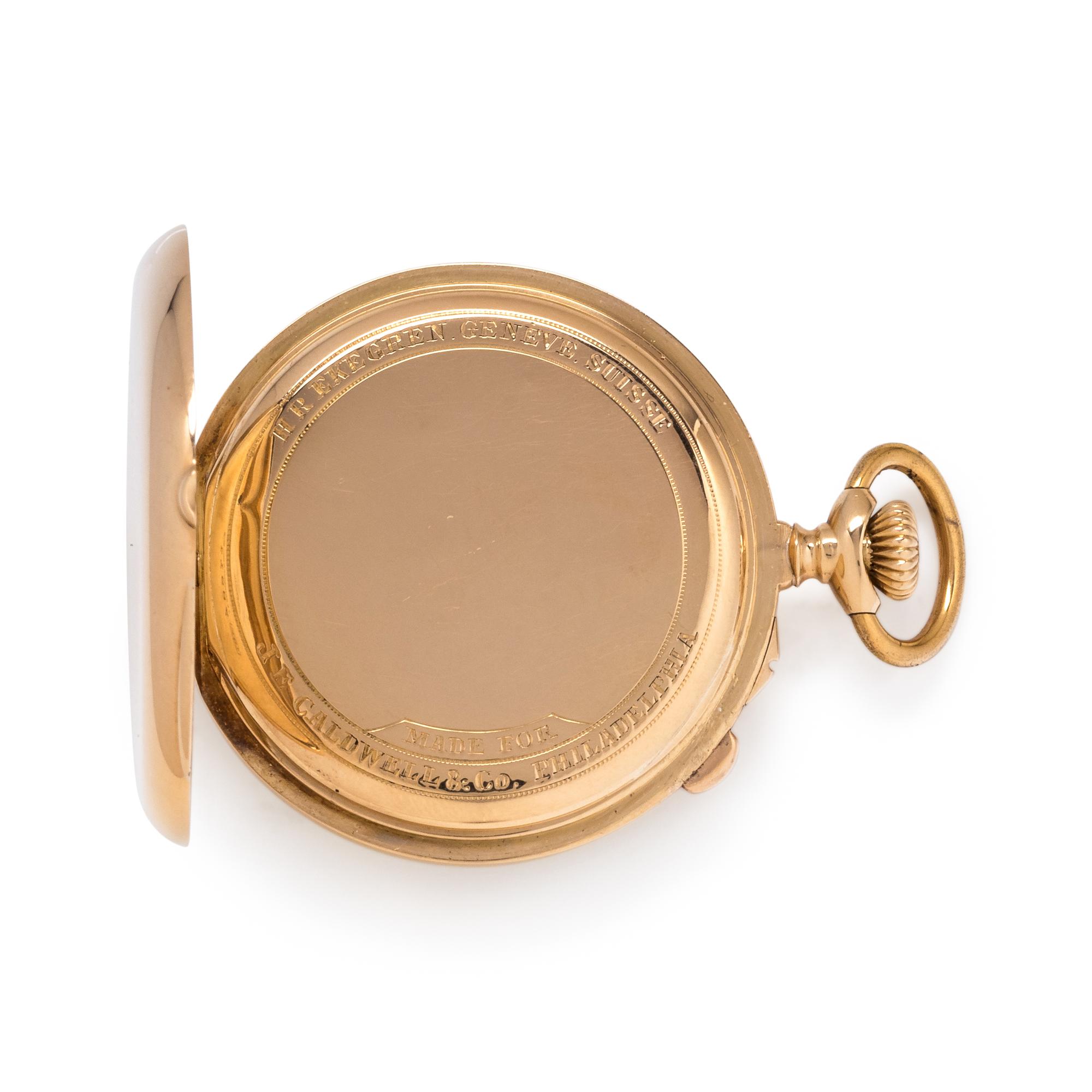 H.R. EKEGREN, J.E. CALDWELL, 18K YELLOW GOLD SPLIT SECOND CHRONOGRAPH OPEN FACE POCKET WATCH