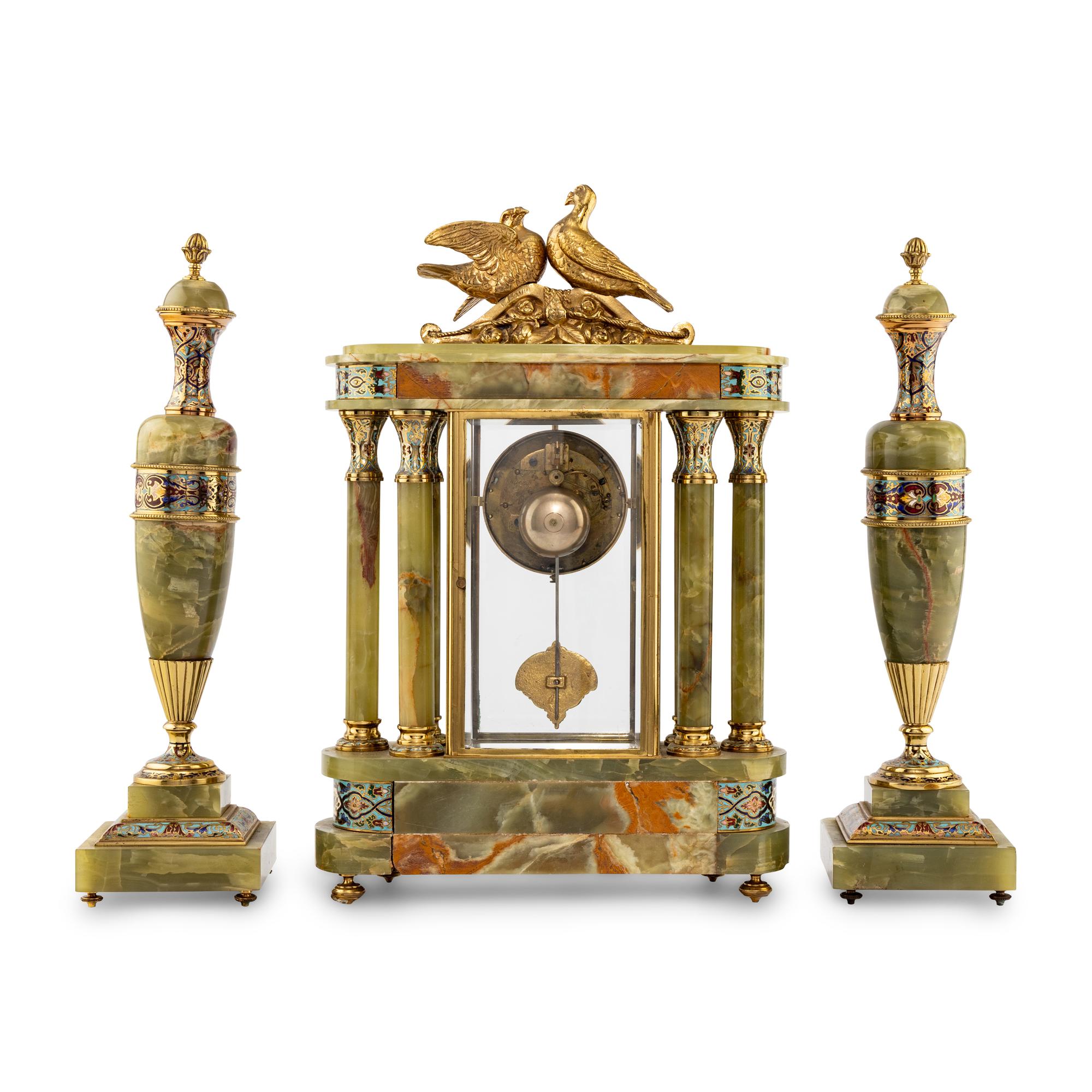 A French Green Onyx, Gilt-Metal and Champlevé Three-Piece Clock Garniture