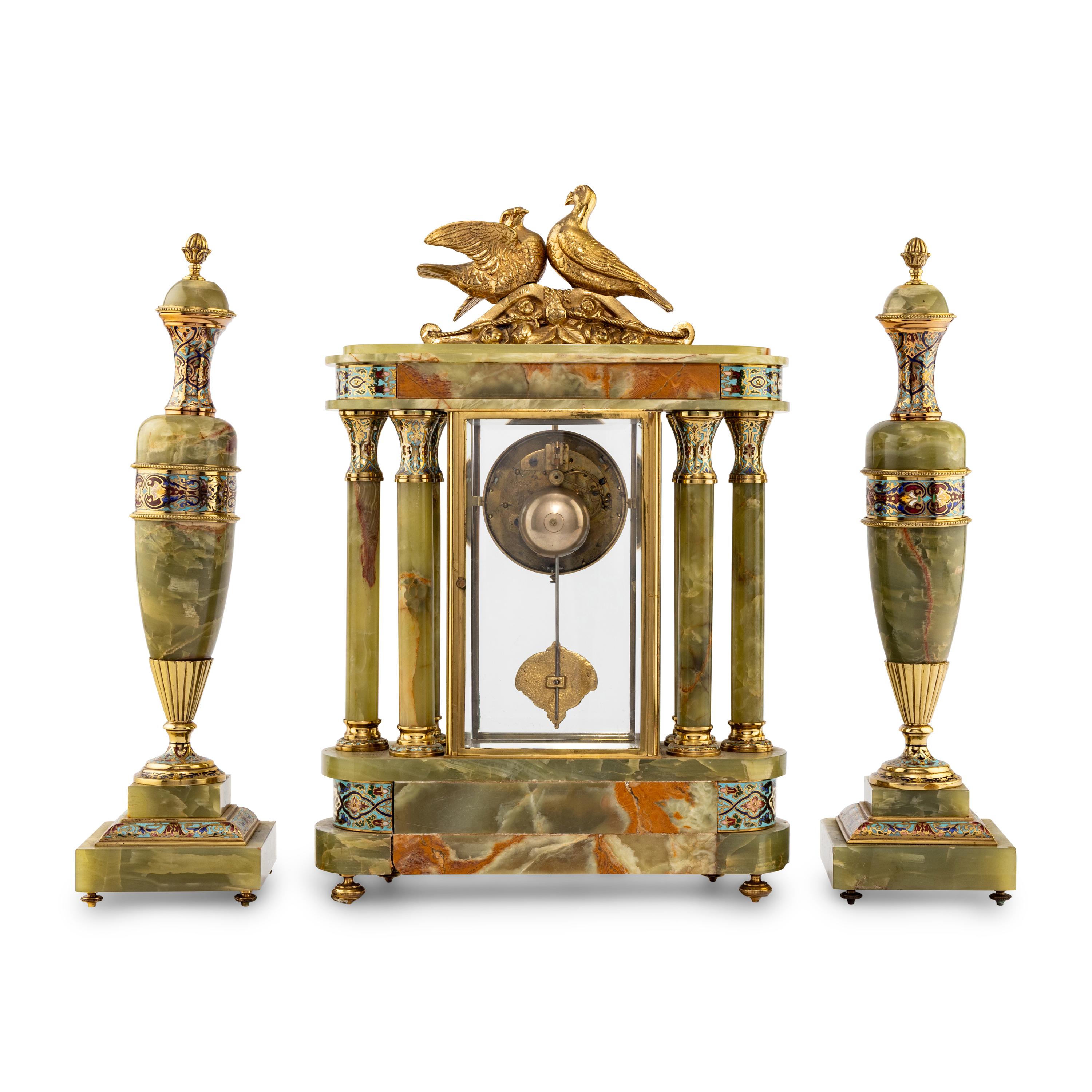 A French Green Onyx, Gilt-Metal and Champlevé Three-Piece Clock Garniture