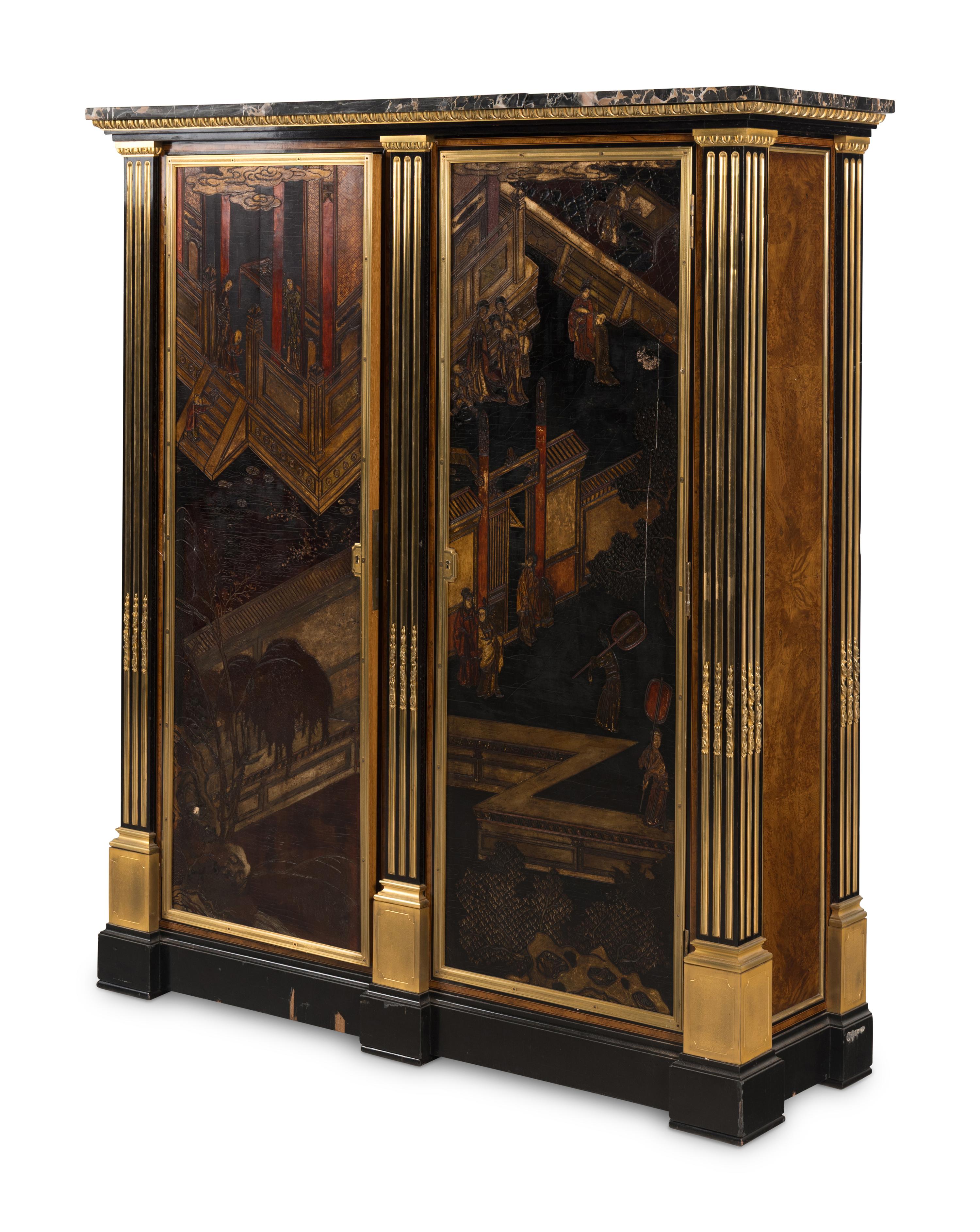 A Louis XVI Style Part Ebonized Amboyna, Chinese Lacquer and Gilt Bronze Mounted Cabinet