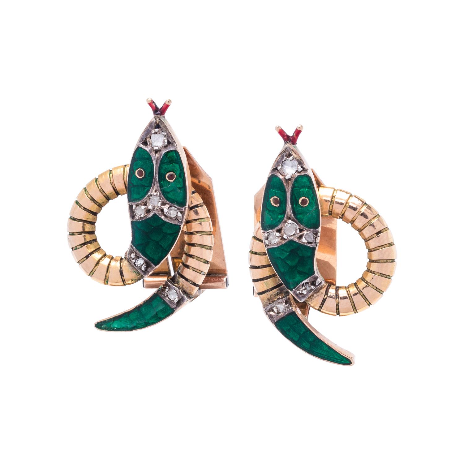 YELLOW GOLD, ENAMEL AND DIAMOND SNAKE EARCLIPS