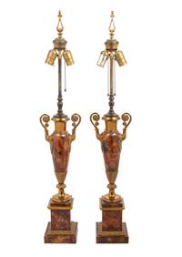 A Pair of Neoclassical Urn-Form Painted Faux Marble Tôle and Gilt Metal Table Lamps