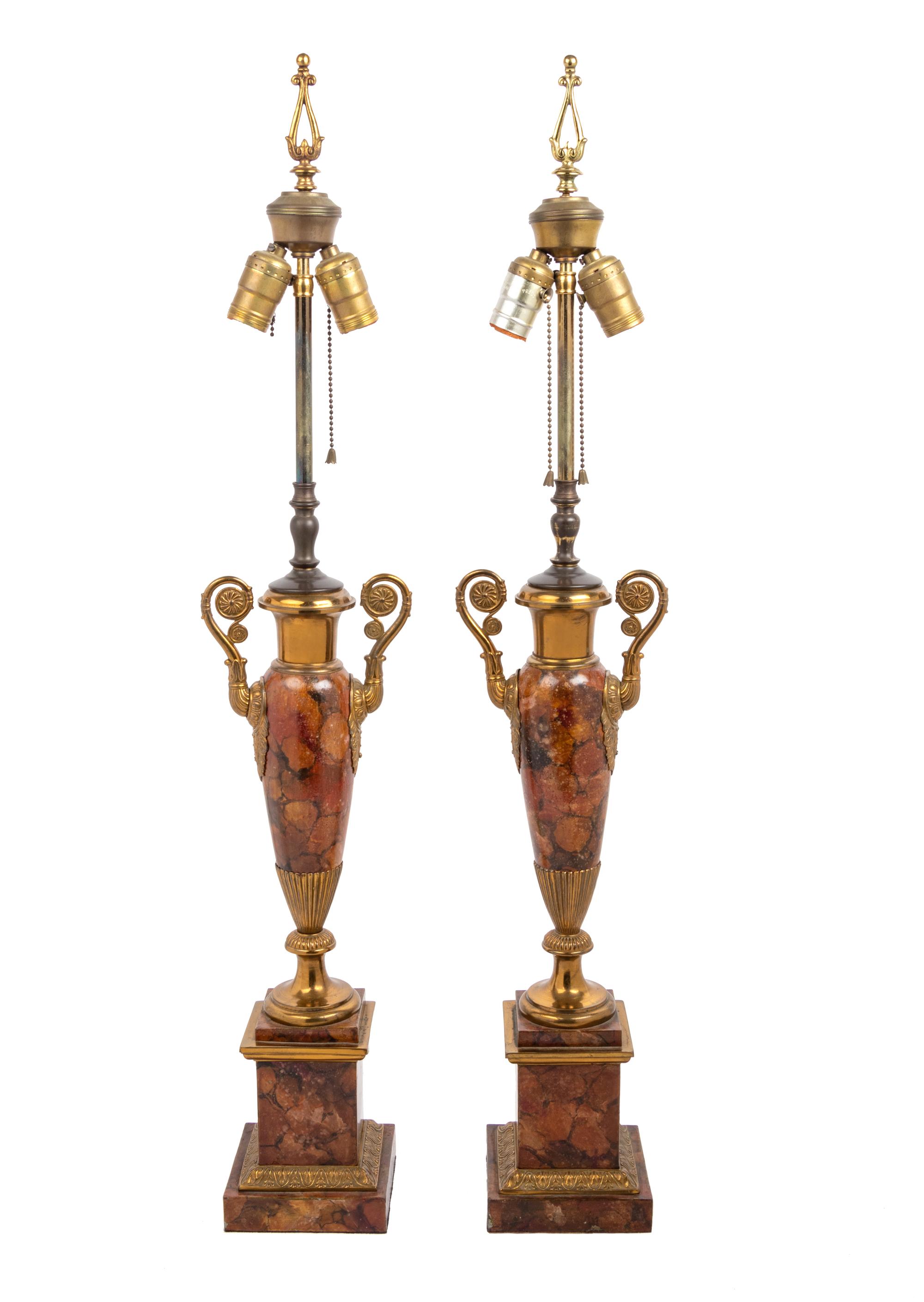 A Pair of Neoclassical Urn-Form Painted Faux Marble Tôle and Gilt Metal Table Lamps