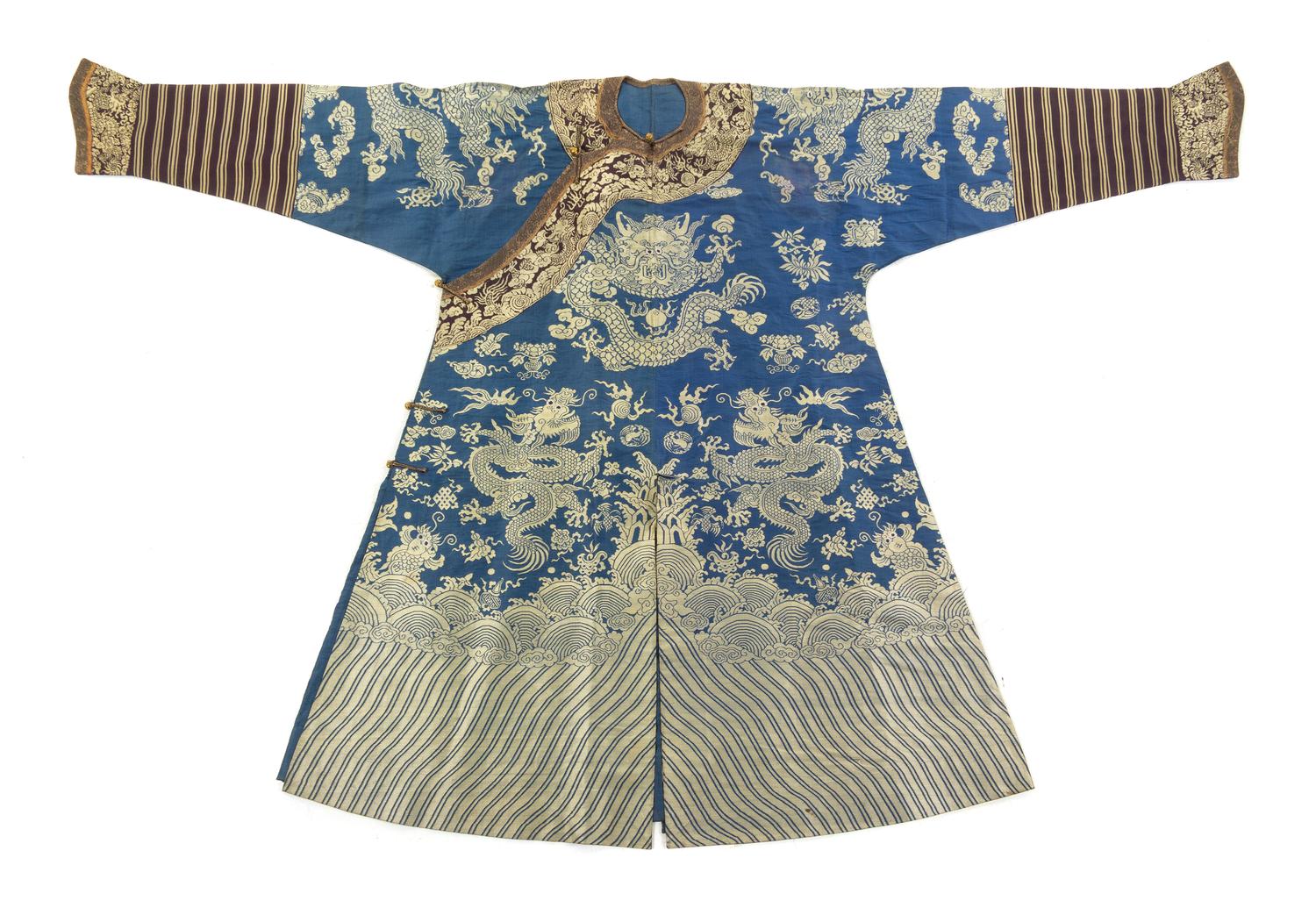 A Blue Ground Embroidered Silk Dragon Robe, Jifu