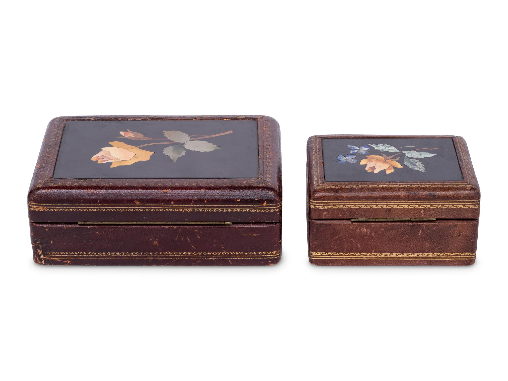 Two Continental Pietra Dura and Tooled Leather Boxes