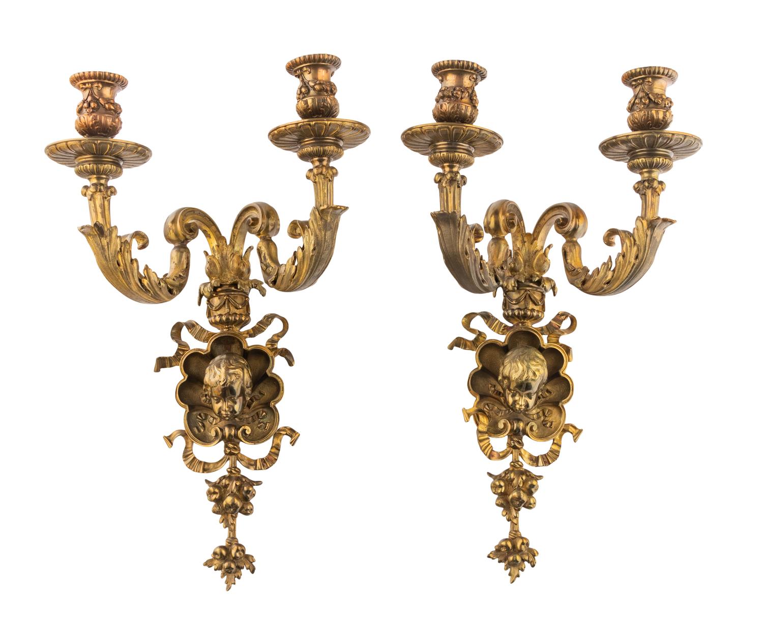 A Pair of French Gilt Bronze Two-Light Sconces