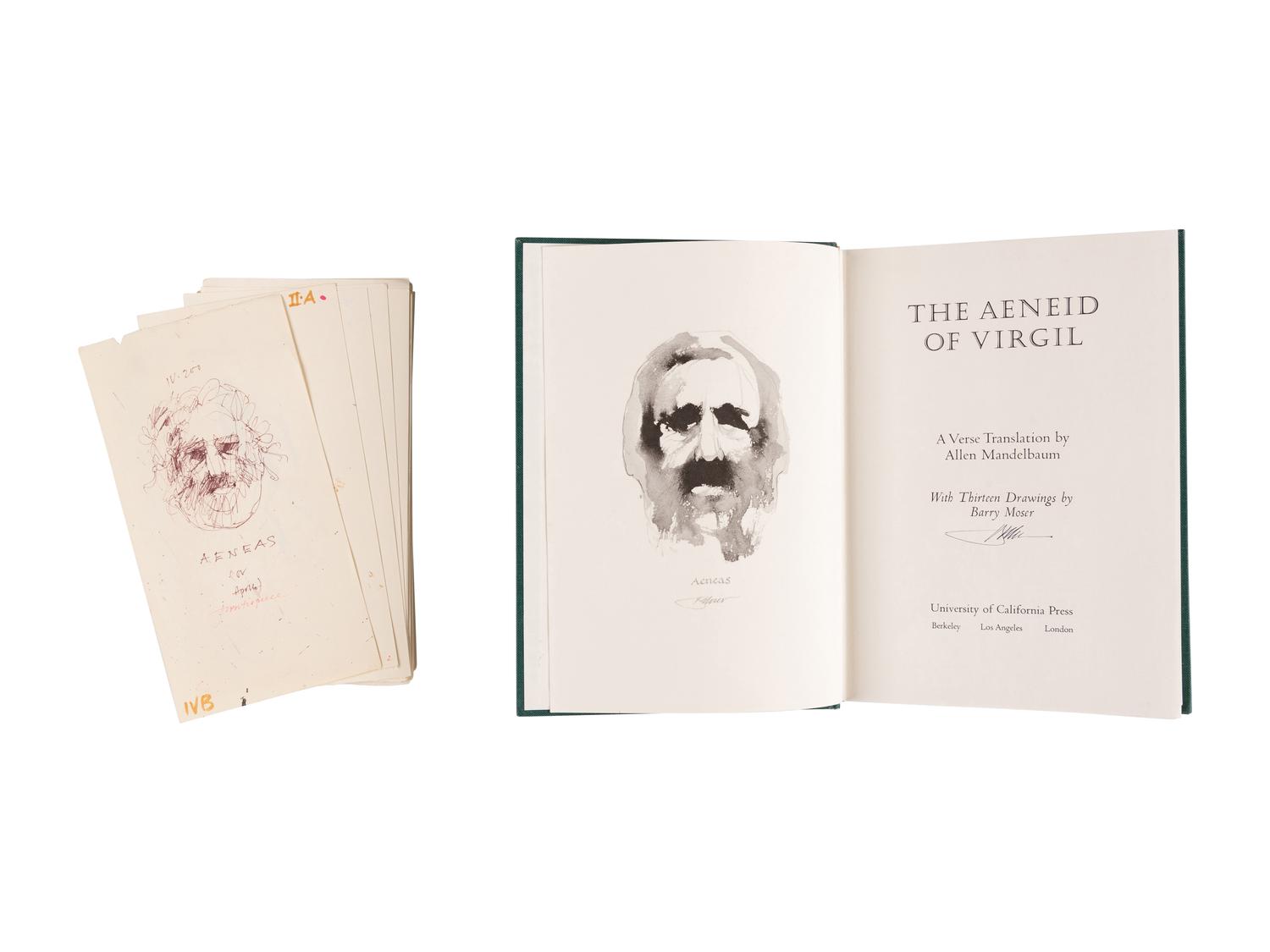 [MOSER, Barry, illustrator]. VIRGIL MARO, Publius. 9 original pen & ink with wash and pencil drawings for Allen Mandelbaum’s translation of Virgil’s Aeneid , published 1981. [ca 1980]. Each 390 x 285 mm. Each signed and dated by Moser, and with his calligraphic captions (as they appear in published edition) and annotations for the printer. Accompanied by 32 small ink rough sketches for the work, each 226 x 117 mm. With numerous captions and annotations including book and verse references.