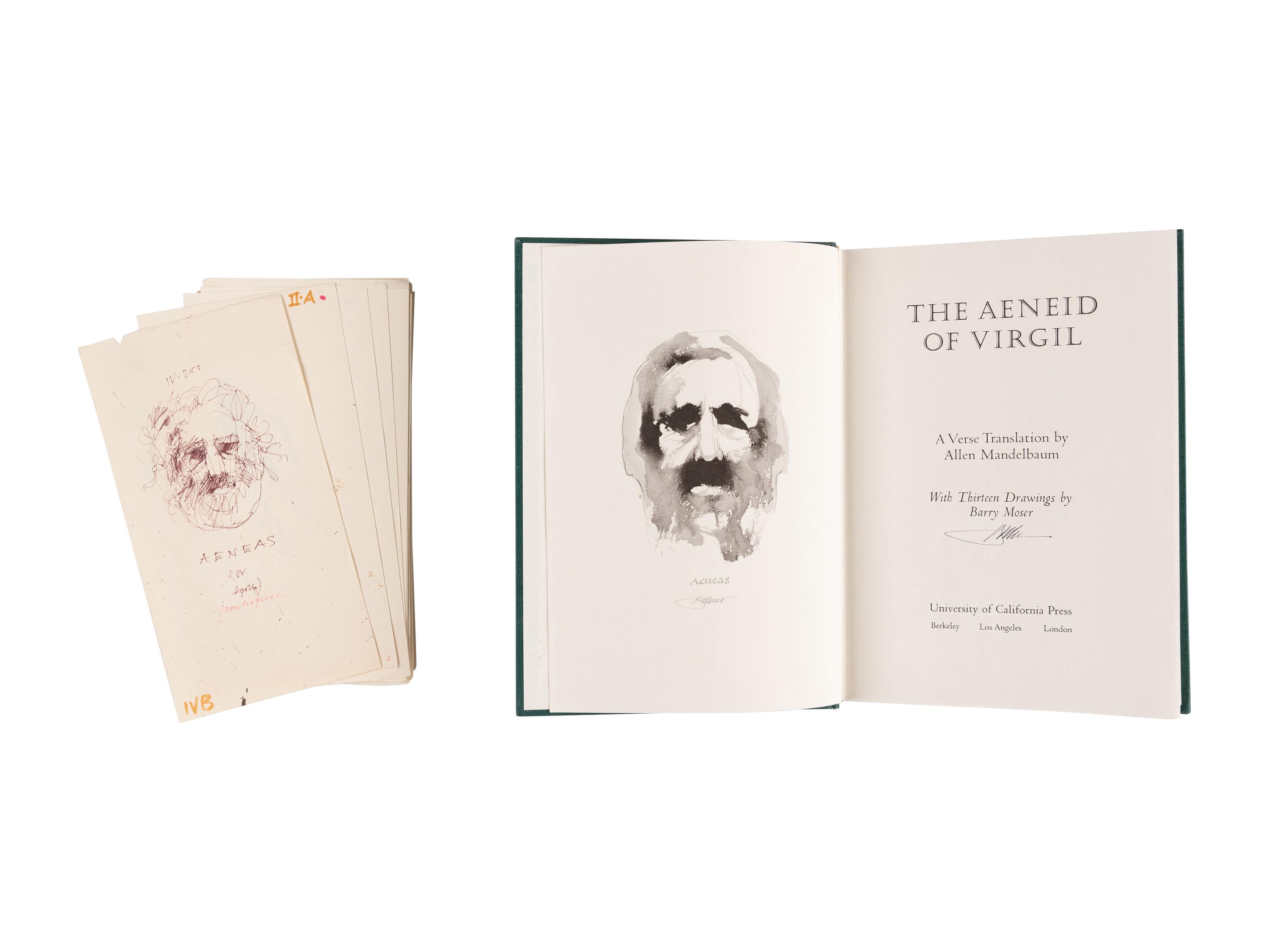 [MOSER, Barry, illustrator]. VIRGIL MARO, Publius. 9 original pen & ink with wash and pencil drawings for Allen Mandelbaum’s translation of Virgil’s Aeneid , published 1981. [ca 1980]. Each 390 x 285 mm. Each signed and dated by Moser, and with his calligraphic captions (as they appear in published edition) and annotations for the printer. Accompanied by 32 small ink rough sketches for the work, each 226 x 117 mm. With numerous captions and annotations including book and verse references.