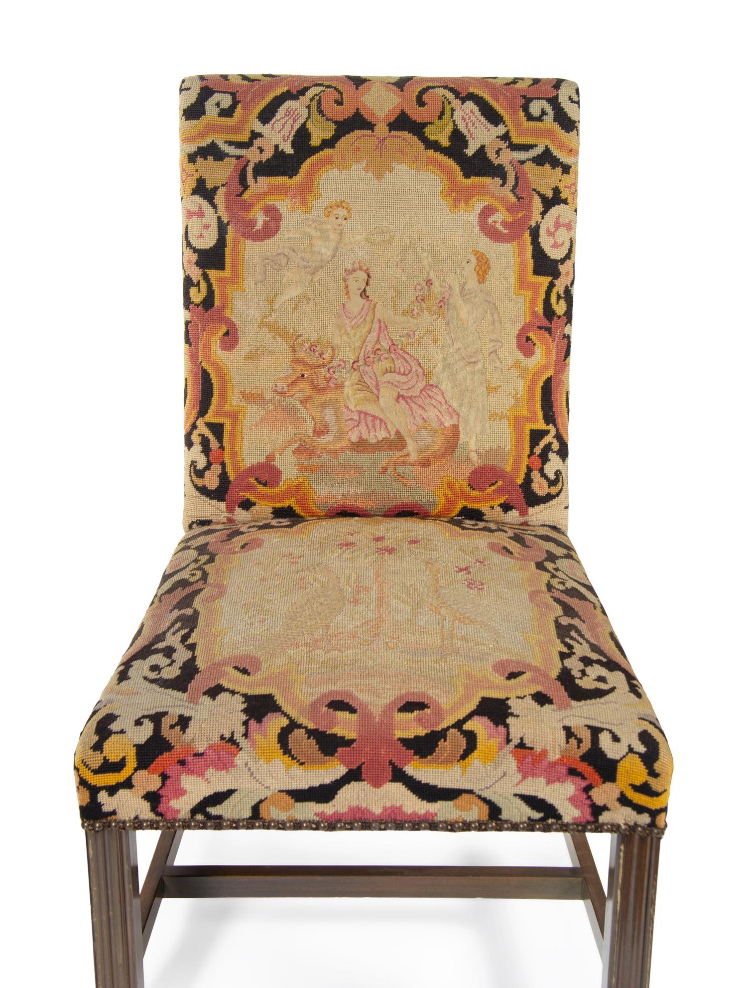 A Pair of George III Style Needlepoint Upholstered Mahogany Library Chairs