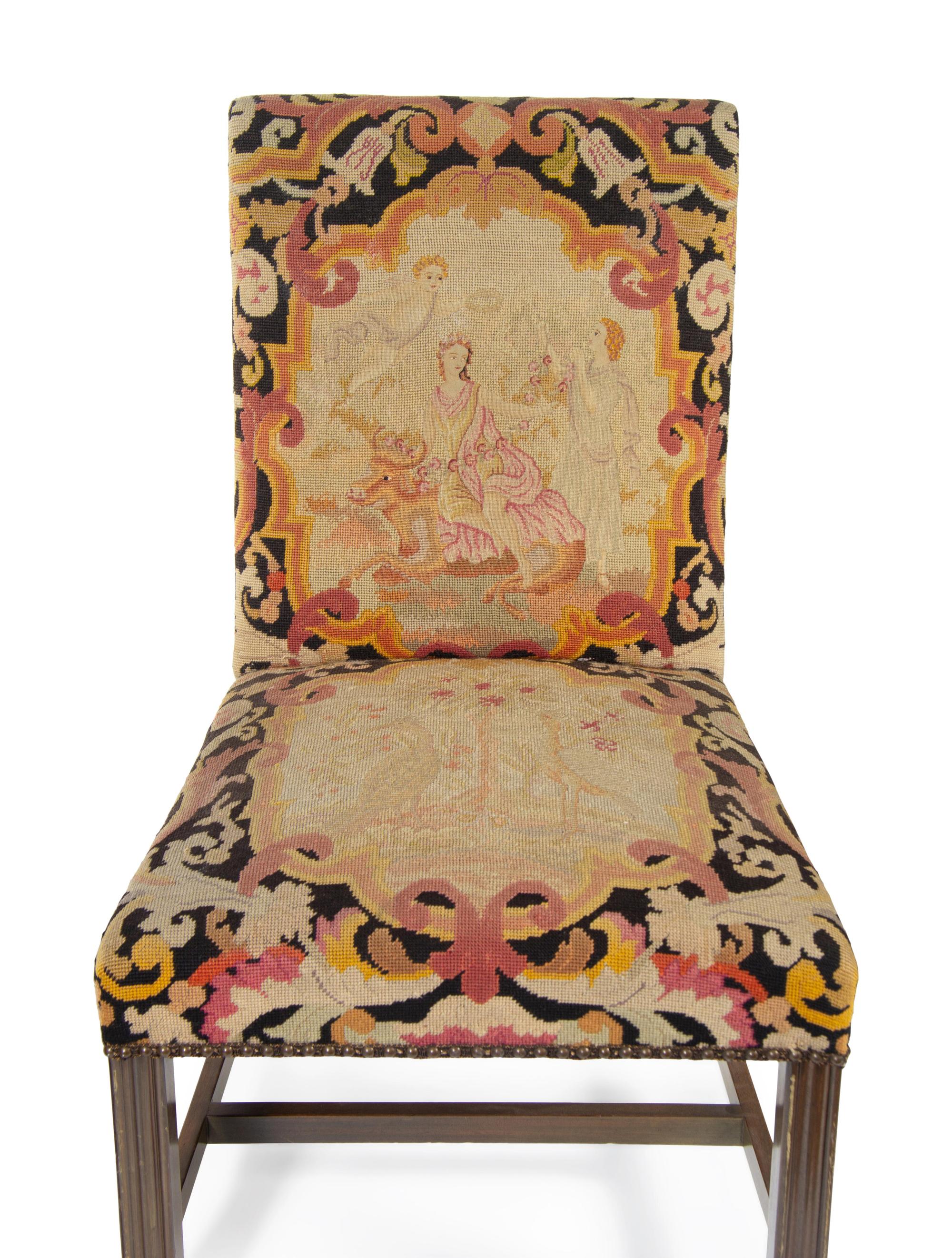 A Pair of George III Style Needlepoint Upholstered Mahogany Library Chairs