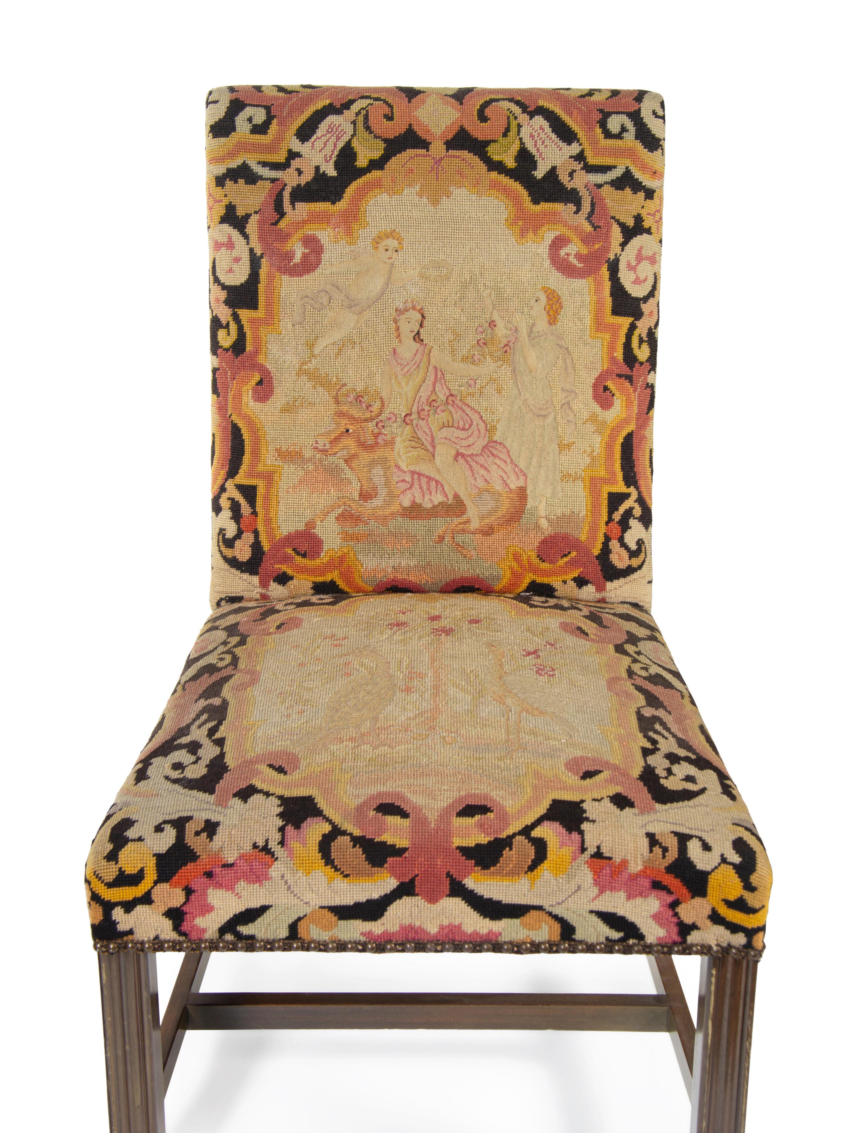 A Pair of George III Style Needlepoint Upholstered Mahogany Library Chairs