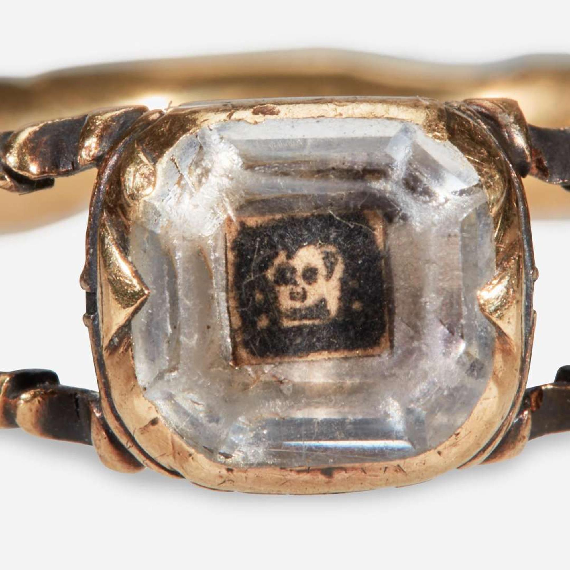 An American gold, enamel, and rock crystal mourning ring in memory of Rebecca Woodhull (1741-1764) of New Haven, CT Attributed to Richard Cutler (1736-1810), New Haven, CT, dated "1764"