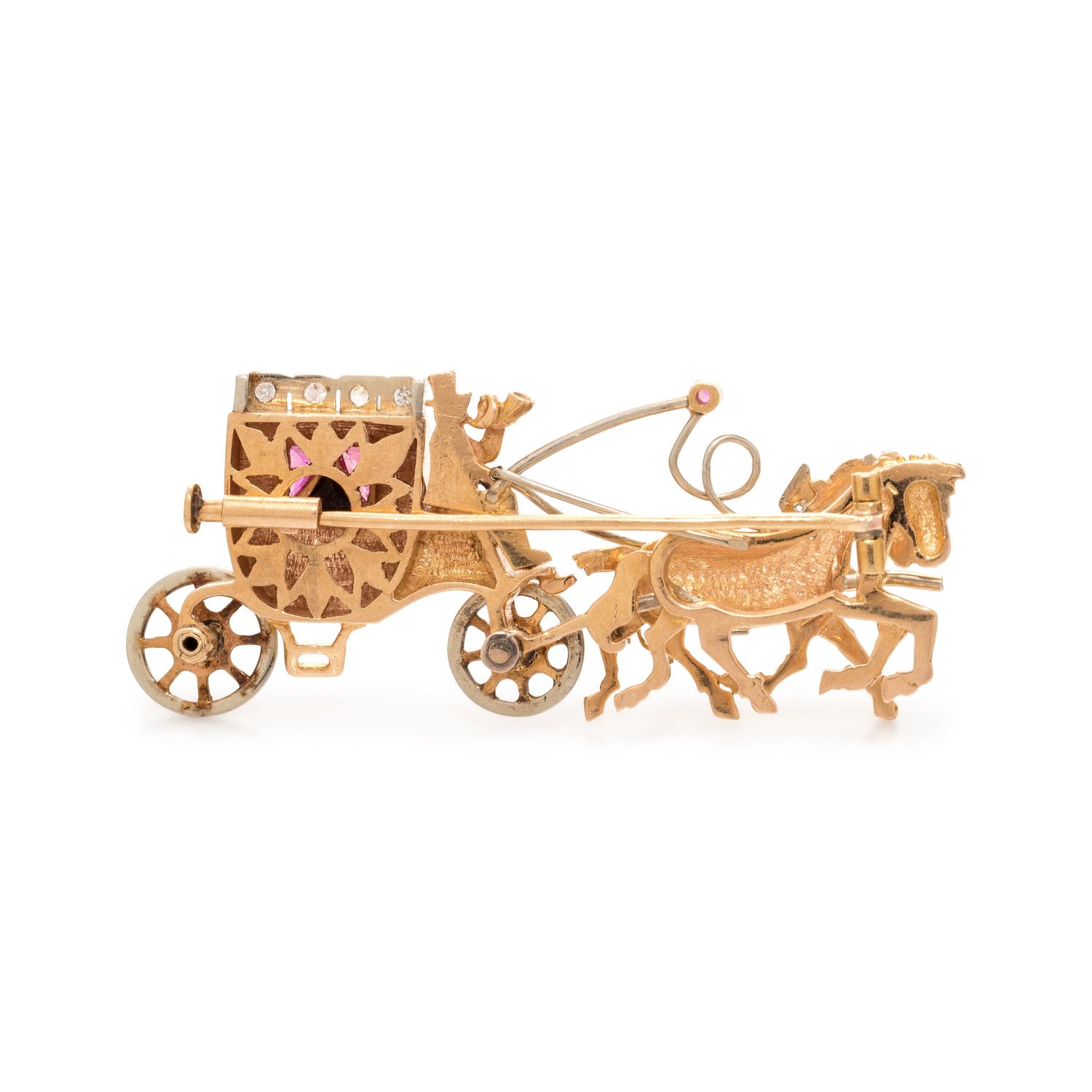 BICOLOR GOLD AND DIAMOND HORSE AND CARRIAGE BROOCH