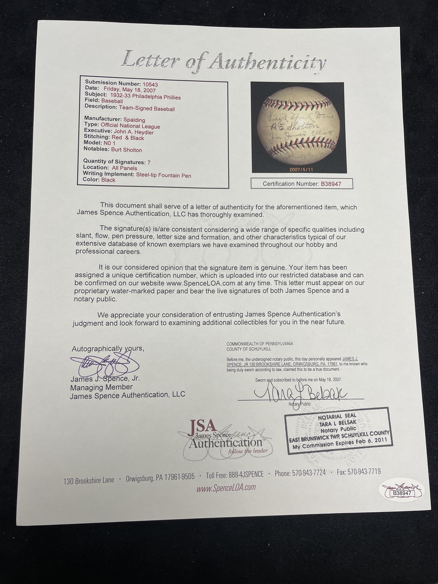 A 1932-33 Philadelphia Phillies Multi Signed Autograph Baseball (JSA Letter of Authenticity)