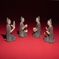 Four Chinese Painted Pottery Musicians, Northern Wei-Northern Qi Dynasty — 北魏晚期-北齊 灰陶彩繪伎樂俑一組四件
