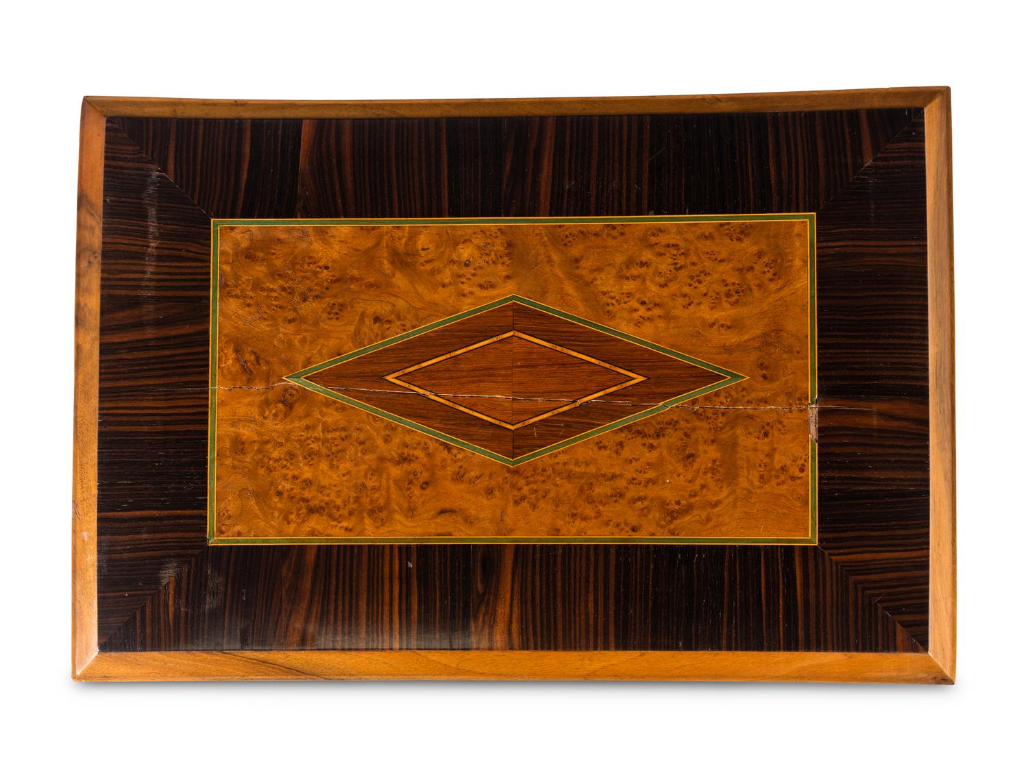 A Continental Burl Walnut, Calamander and Marquetry Side Table