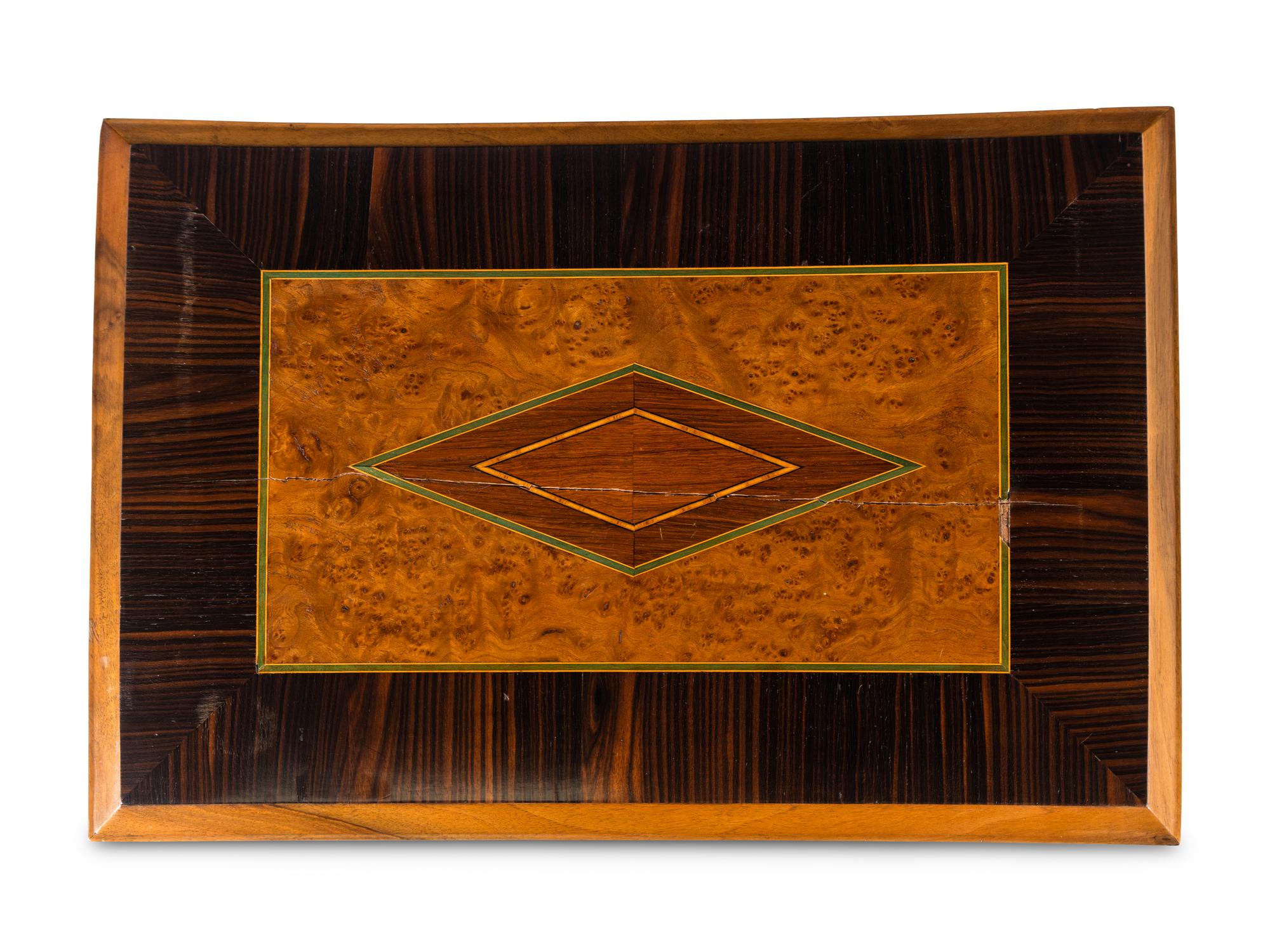 A Continental Burl Walnut, Calamander and Marquetry Side Table