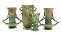 Two Pairs of Roseville Bushberry Pottery Vases Height of first pair 8 1/4 inches, second 6 1/4 inches.